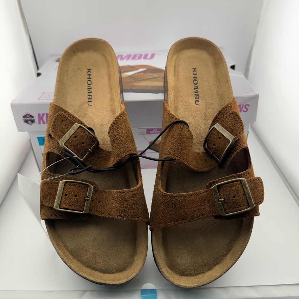 Khombu Ashville Sandals Womens 10 Brown New Suede Buckle Slide Comfort Shoes